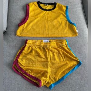 Vibrant Marek+Richard Yellow Athletic Crop Top Set with Blue and Red Trim